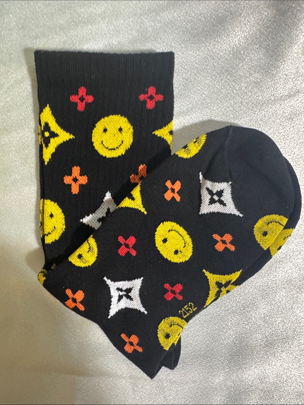 Louis Vuitton Black Smiley Pattern Men's Crew Socks - Yellow & Orange Accents